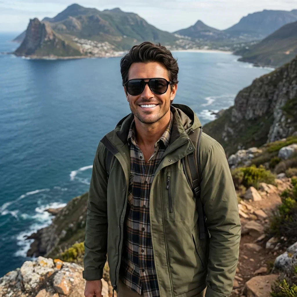 Men wearing lenses sun orson bio-acetate polarized black aventura outdoor sendero naturaleza UV protection bonoboss #editorial_sustentabilidad #color_negro