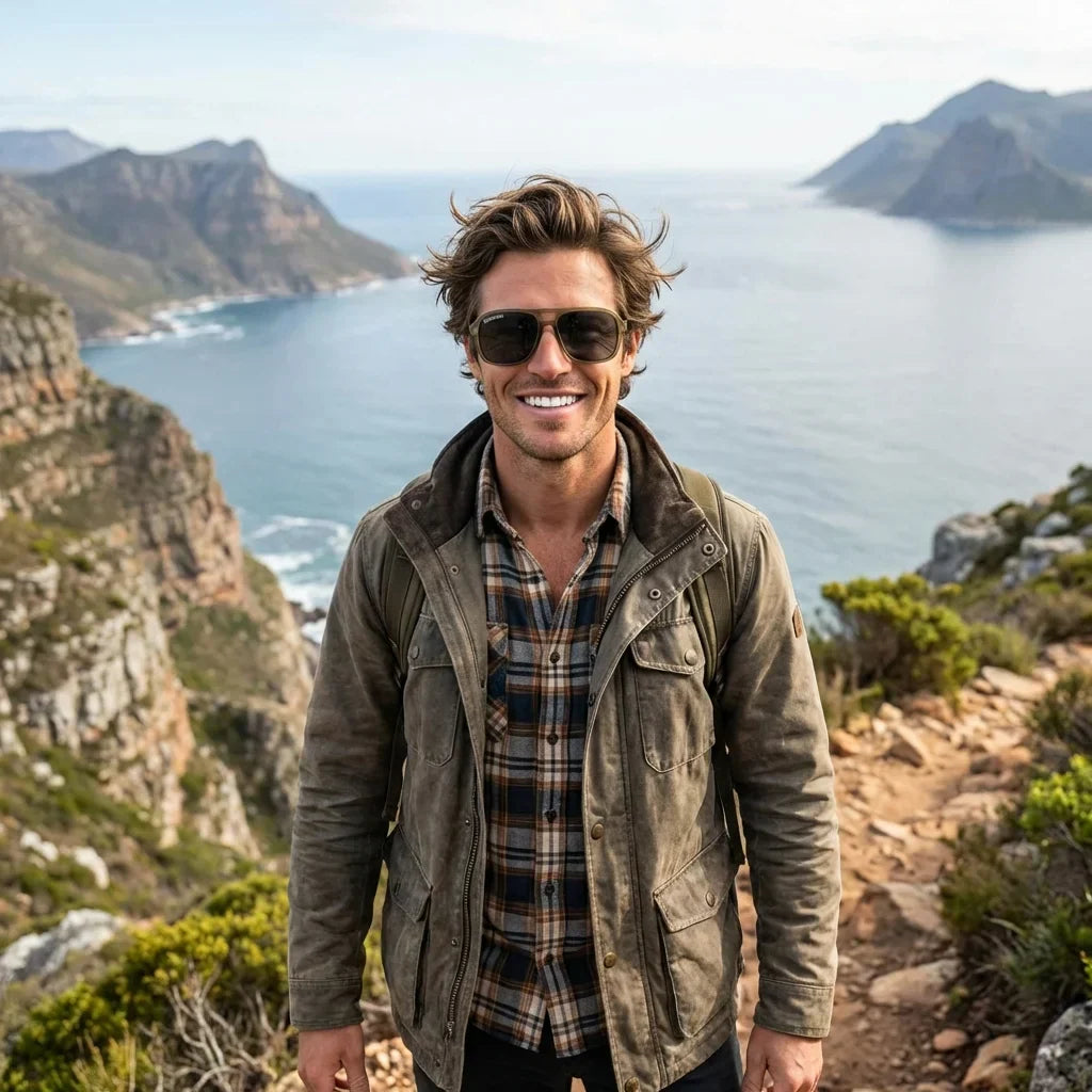 Hombre usando lentes sol Orson RPET reciclado polarizados olive aventura outdoor naturaleza estilo outdoor Bonoboss #editorial_sustentabilidad #color_olive