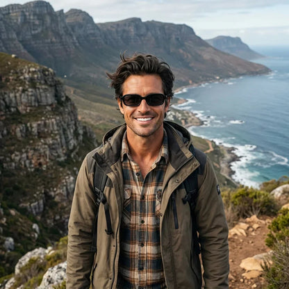 Hombre usando lentes sol Navarino bio-acetato polarizados negro aventura outdoor sendero naturaleza proteccion UV Bonoboss #editorial_sustentabilidad #color_negro