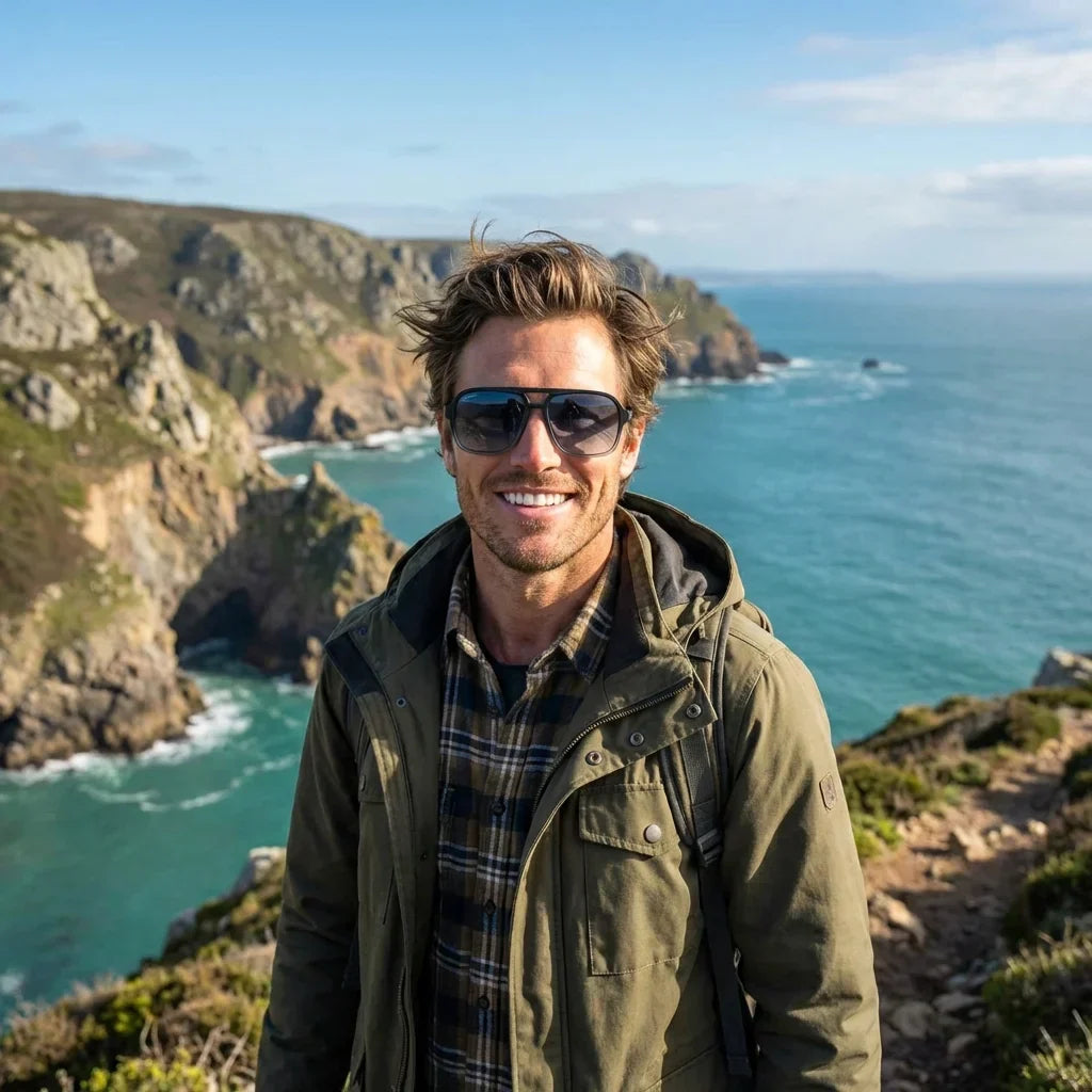 Hombre usando lentes sol Orson RPET reciclado polarizados negro aventura outdoor naturaleza proteccion UV Bonoboss #editorial_sustentabilidad #color_negro