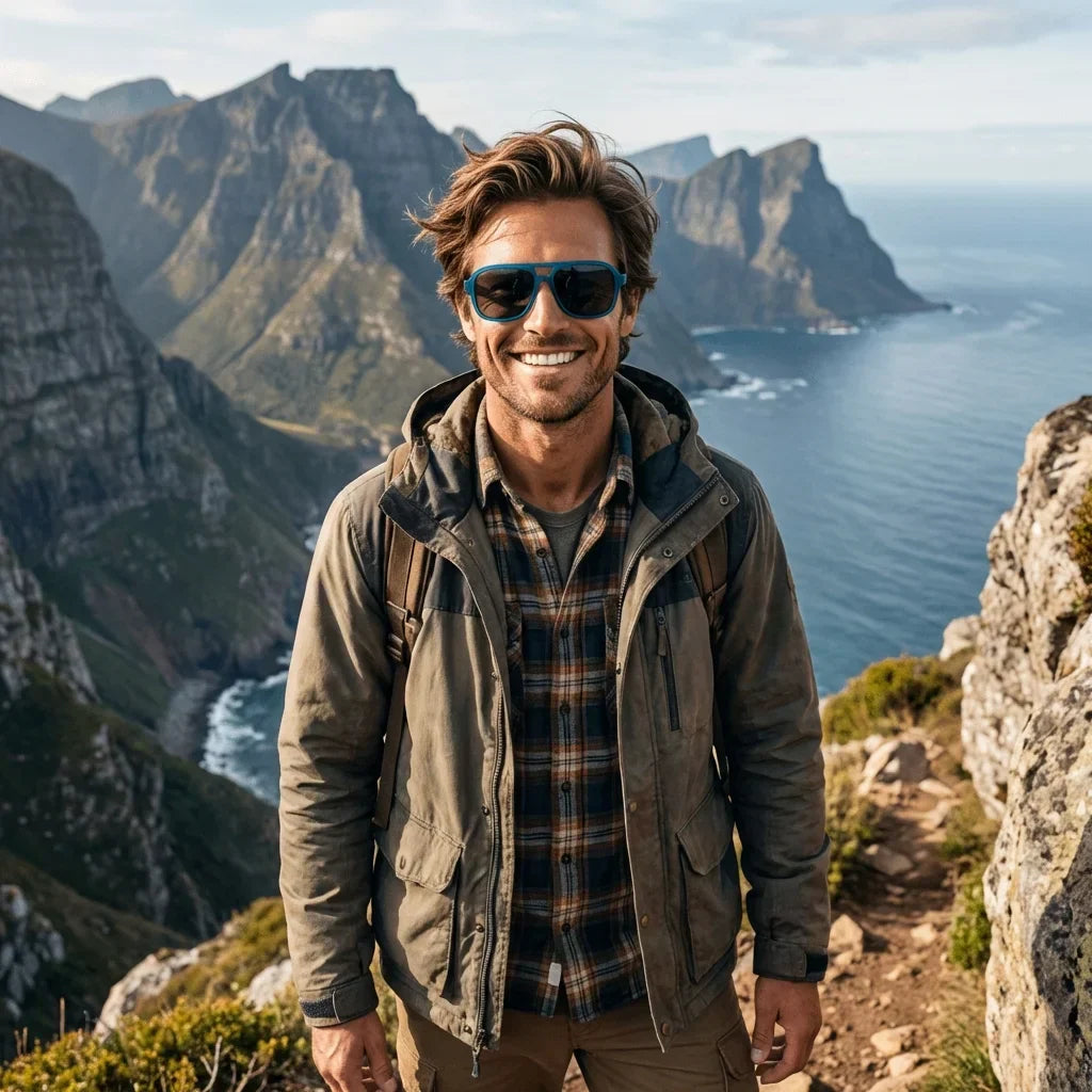 Hombre usando lentes sol Orson RPET reciclado polarizados ocean aventura outdoor montaña proteccion UV Bonoboss #editorial_sustentabilidad #color_ocean