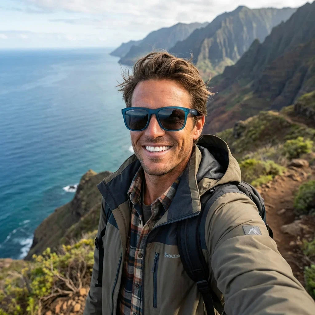 Hombre usando lentes sol Rapanui RPET reciclado polarizados ocean aventura outdoor montaña naturaleza activo Bonoboss #editorial_sustentabilidad #color_ocean