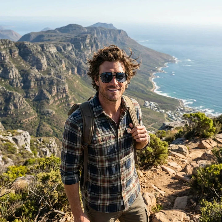 Men wearing lenses sun orson e.d bio-acetate polarized green aventura outdoor sendero naturaleza UV protection bonoboss #editorial_sustentabilidad #color_verde