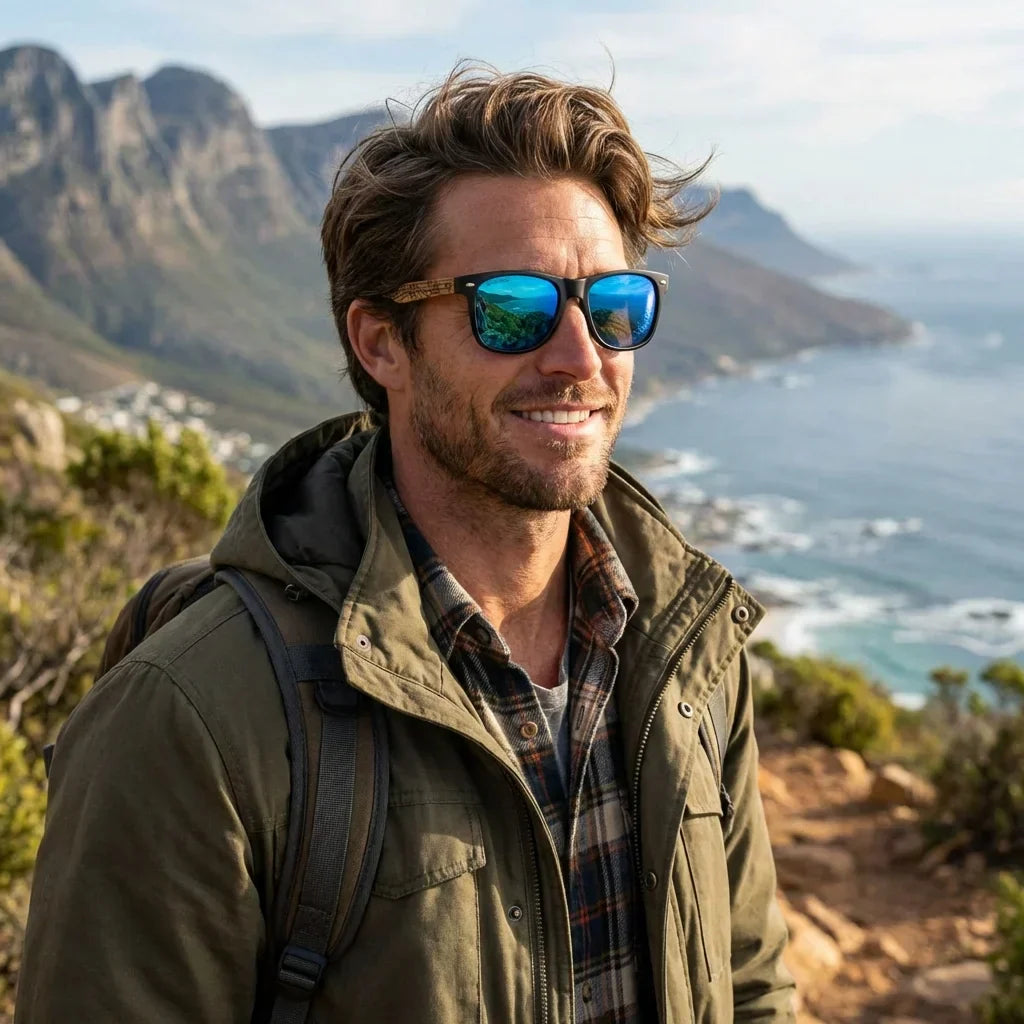 Hombre usando lentes sol Acacia Designers polarizados waves sky aventura outdoor montaña naturaleza Bonoboss #editorial_sustentabilidad #color_waves-sky