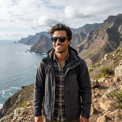 Hombre usando lentes sol Galapagos acetato madera polarizados negro smoke aventura outdoor montaña naturaleza Bonoboss #editorial_sustentabilidad #color_negro-smoke