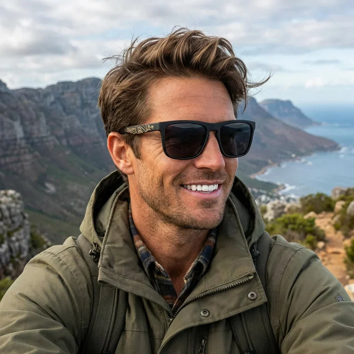 Men wearing lenses sun lautaro dark designer's wood polarized waves aventura outdoor sendero naturaleza UV protection bonoboss #editorial_sustentabilidad #color_waves