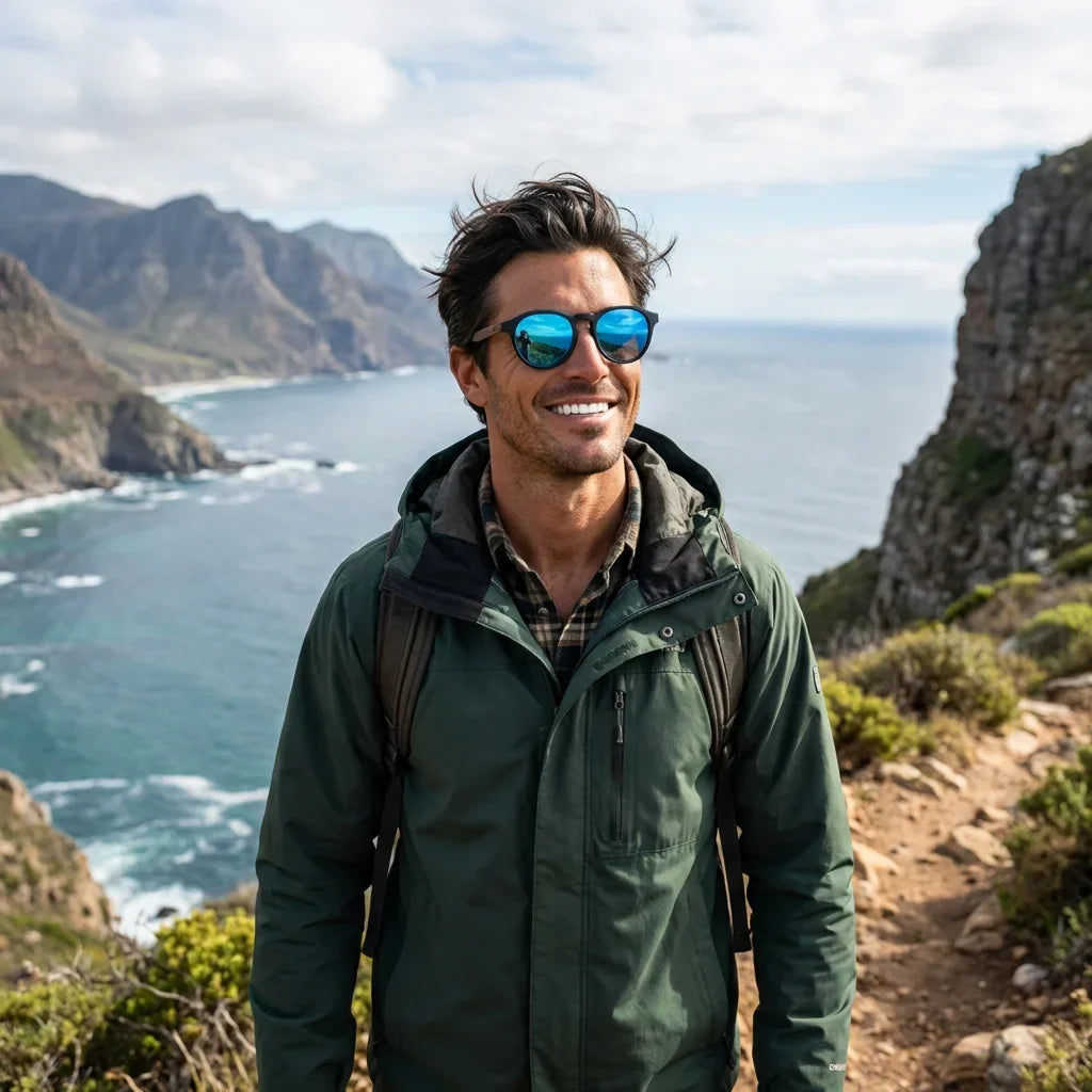 Hombre usando lentes sol Galapagos acetato madera polarizados negro sky aventura outdoor montaña naturaleza Bonoboss #editorial_sustentabilidad #color_negro-sky