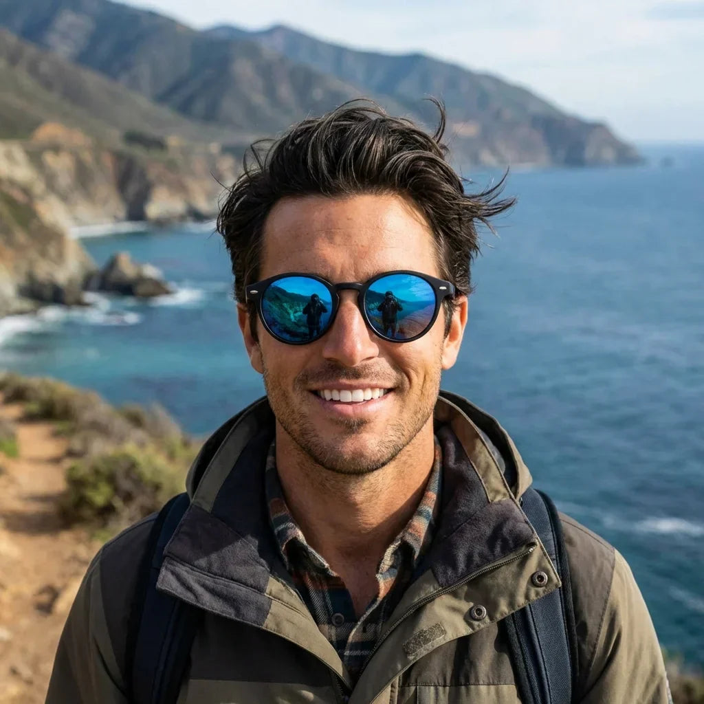 Hombre usando lentes sol Joplin RPET RPET reciclado del oceano polarizados espejado azul aventura outdoor naturaleza sendero proteccion UV Bonoboss #editorial_sustentabilidad #color_espejado-azul