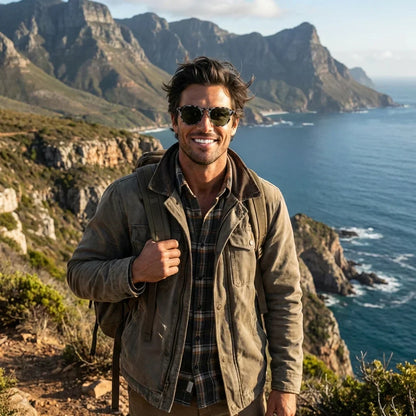 Hombre usando lentes sol Galapagos acetato madera polarizados gris aventura outdoor montaña naturaleza Bonoboss #editorial_sustentabilidad #color_gris