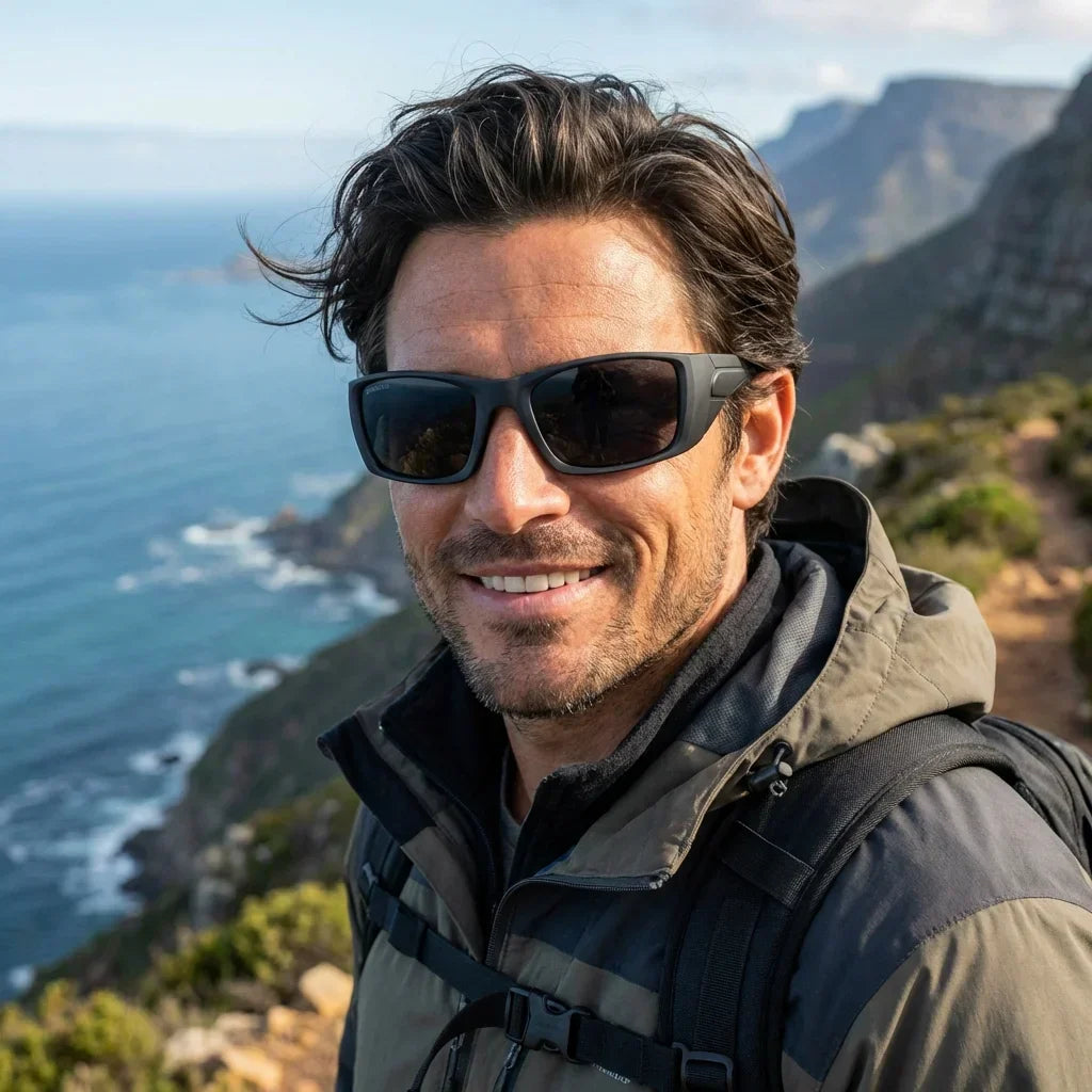 Men wearing lenses sun salmon seeker bio-acetate polarized dark aventura outdoor pesca fly fishing naturaleza bonoboss #editorial_sustentabilidad #color_dark