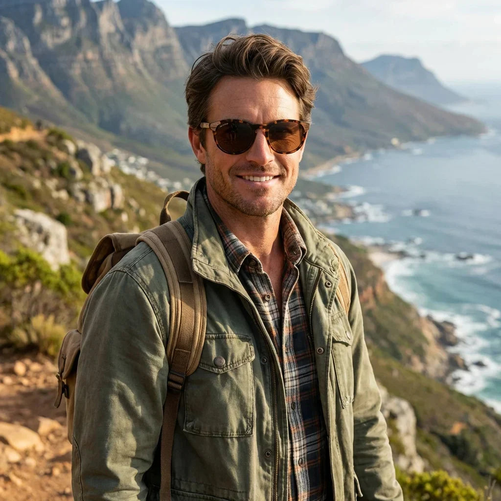 Hombre usando lentes sol Chiloe 0084 bio-acetato polarizados carey aventura outdoor naturaleza sendero proteccion UV Bonoboss #editorial_sustentabilidad #color_carey