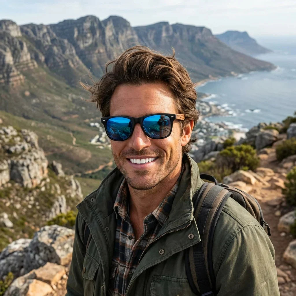 Men wearing lenses sun acacia wood zebrawood polarized black mirrored blue men aventura outdoor sendero naturaleza bonoboss #editorial_sustentabilidad #color_negro-espejado-azul