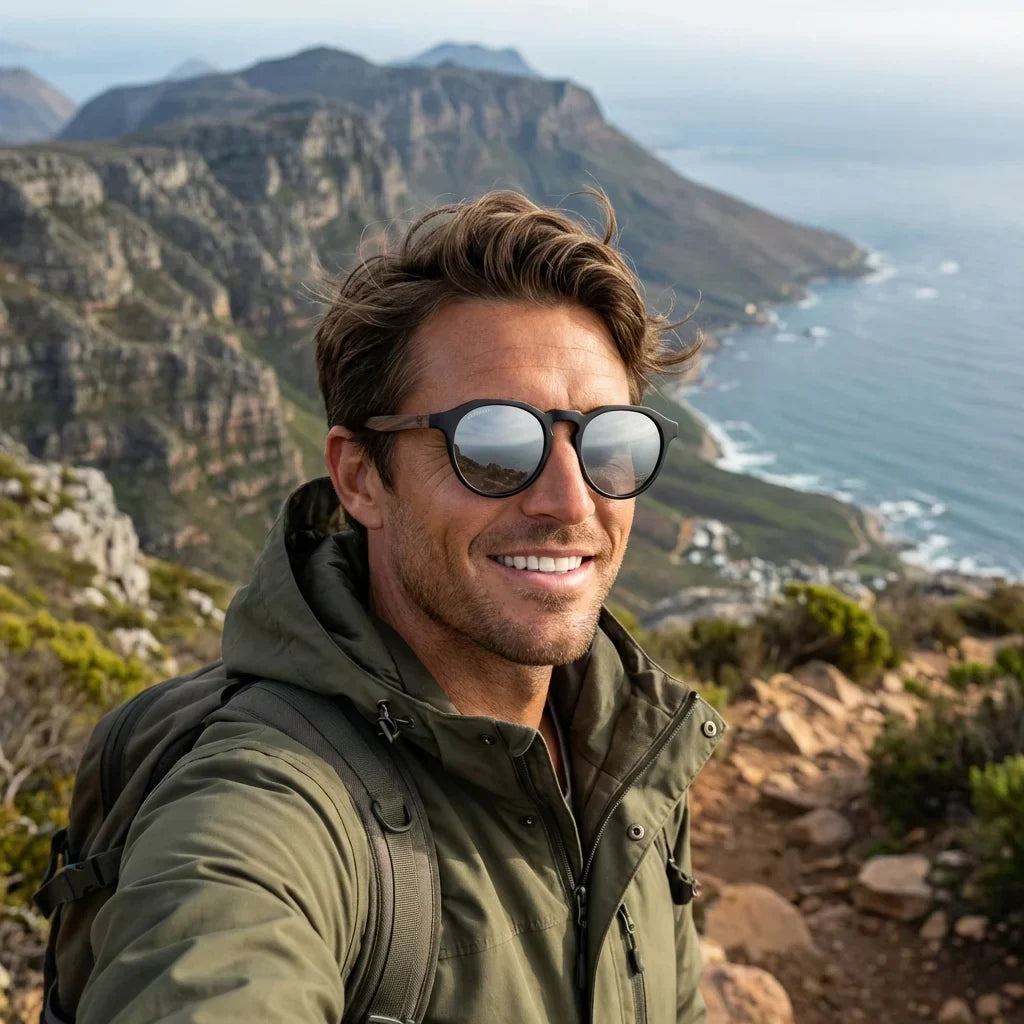 Hombre usando lentes sol Galapagos acetato madera polarizados negro flash silver aventura outdoor montaña Bonoboss #editorial_sustentabilidad #color_negro-flash-silver