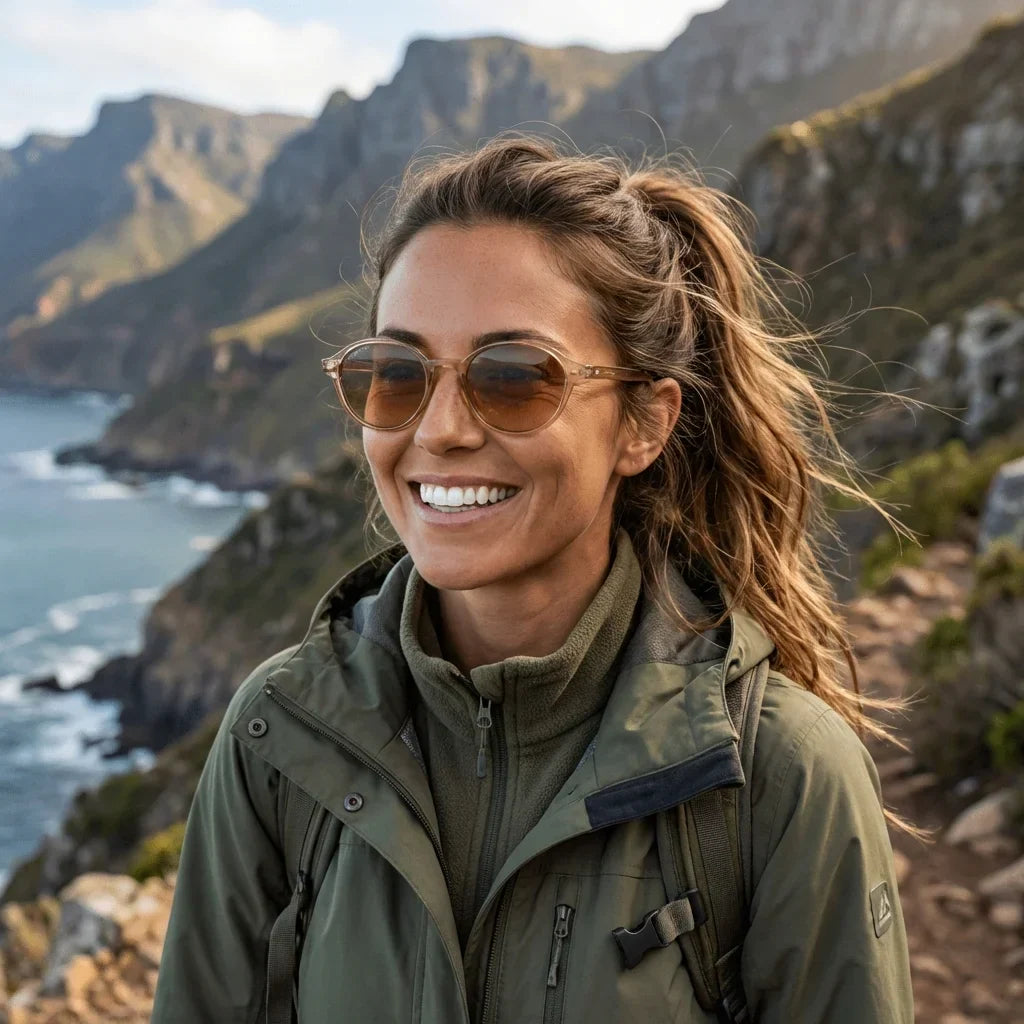 Women wearing lenses sun capri rpet recycled polarized champagne aventura outdoor naturaleza sendero eco-consciente bonoboss #editorial_sustentabilidad #color_champagne