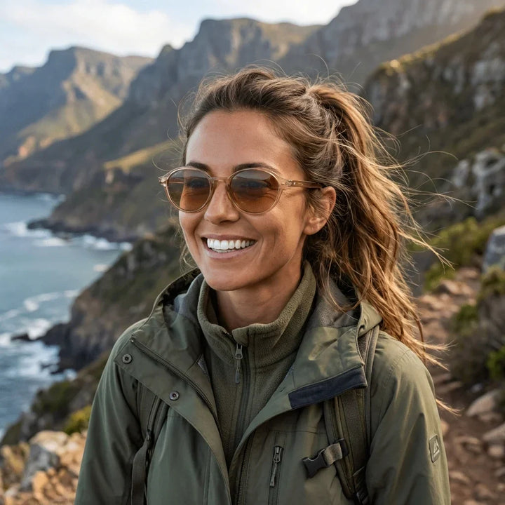 Women wearing lenses sun capri rpet recycled polarized champagne aventura outdoor naturaleza sendero eco-consciente bonoboss #editorial_sustentabilidad #color_champagne