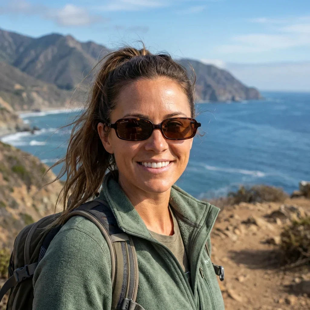 Mujer usando lentes sol Navarino bio-acetato polarizados carey aventura outdoor sendero naturaleza sustentable Bonoboss #editorial_sustentabilidad #color_carey
