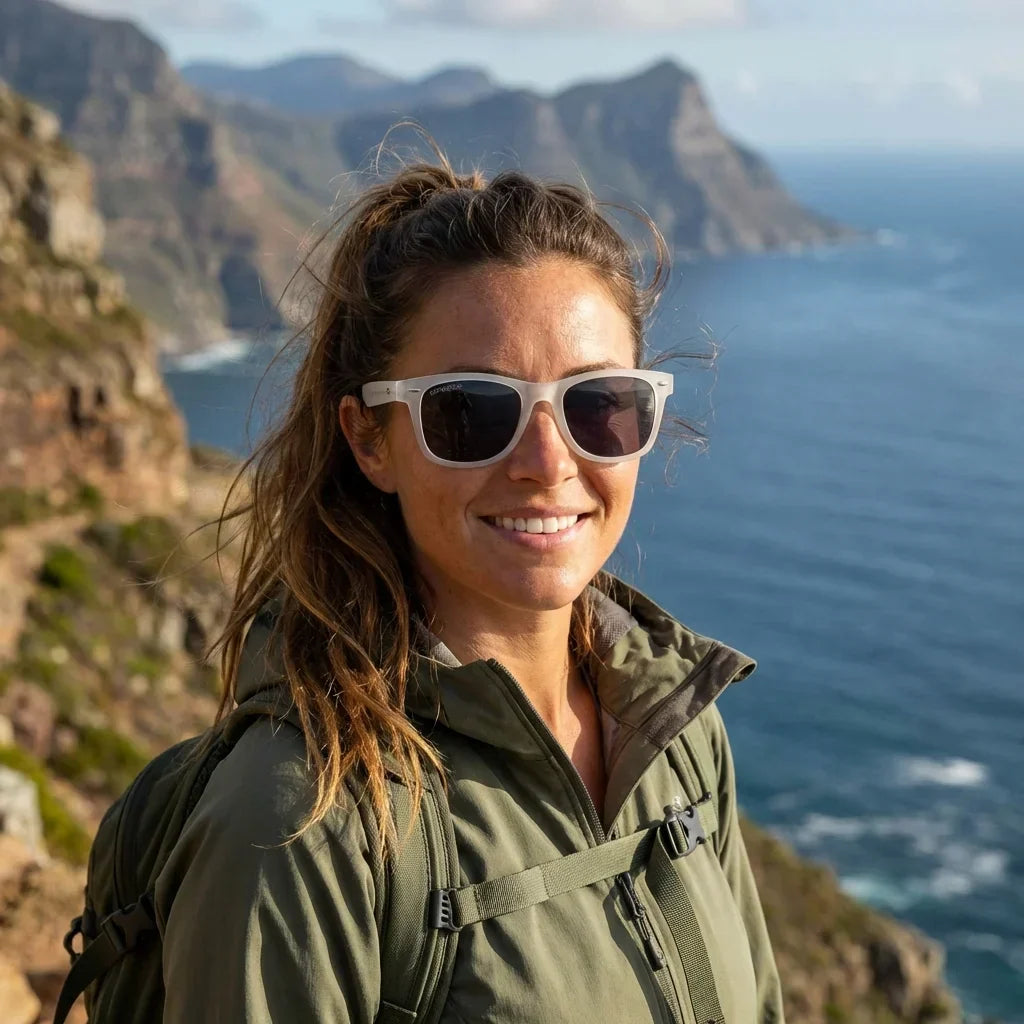 Mujer usando lentes sol Acacio rPET RPET reciclado polarizados transparente aventura outdoor sendero naturaleza Bonoboss #editorial_sustentabilidad #color_transparente