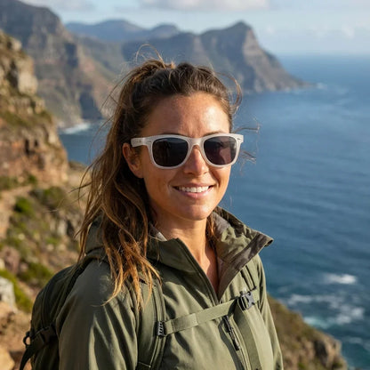 Mujer usando lentes sol Acacio rPET RPET reciclado polarizados transparente aventura outdoor sendero naturaleza Bonoboss #editorial_sustentabilidad #color_transparente