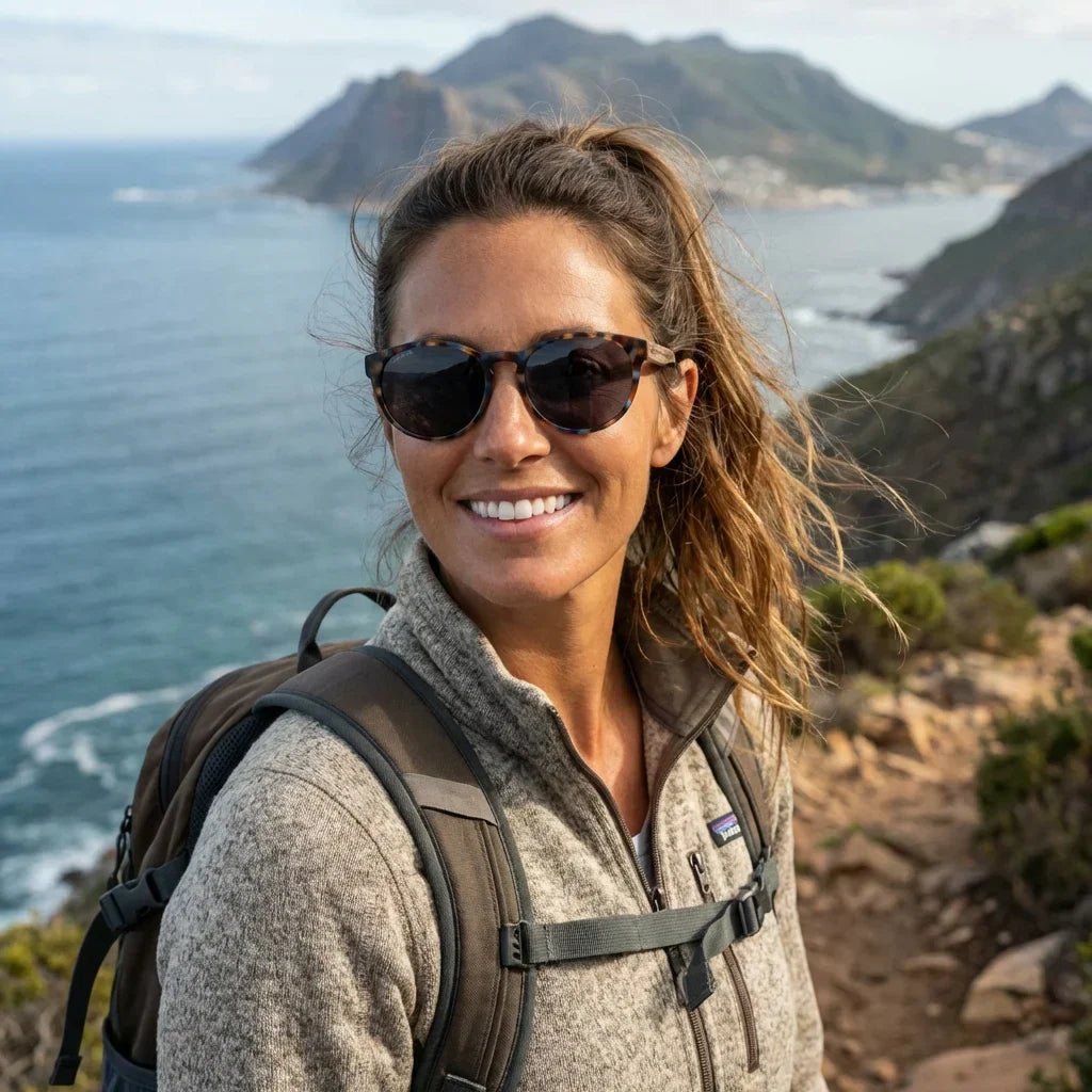 Women wearing lenses sun chiloe 110 tortoise zebrawood polarized tortoise aventura outdoor sendero naturaleza bonoboss #editorial_sustentabilidad #color_carey
