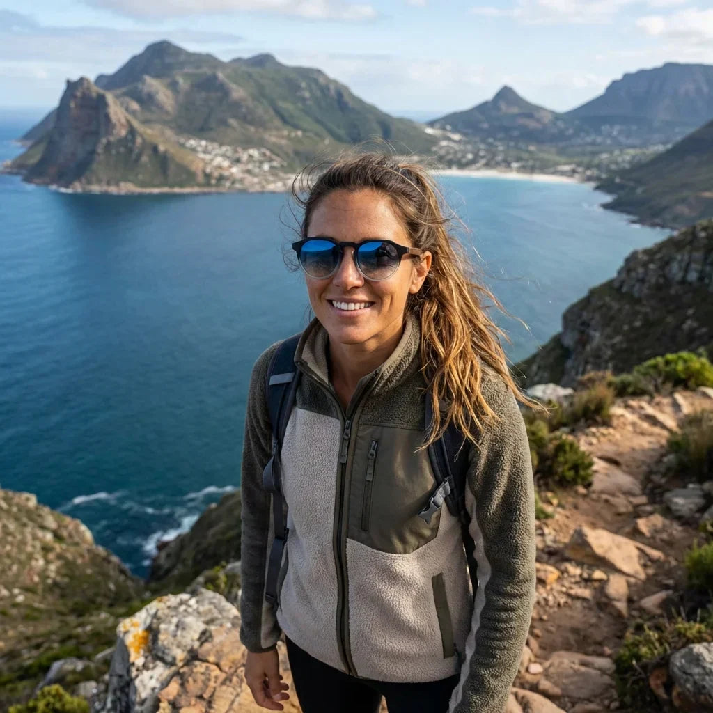 Mujer usando lentes sol Galapagos acetato madera polarizados gradiente black aventura outdoor sendero naturaleza Bonoboss #editorial_sustentabilidad #color_gradiente-black