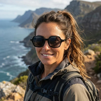 Mujer usando lentes sol Canarias bio-acetato polarizados Negro mujer aventura outdoor naturaleza proteccion UV Bonoboss #editorial_sustentabilidad #color_negro