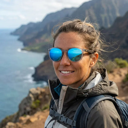 Mujer usando lentes sol Meli TSP bio-acetato TSP polarizados espejado azul aventura outdoor naturaleza Bonoboss #editorial_sustentabilidad #color_espejado-azul