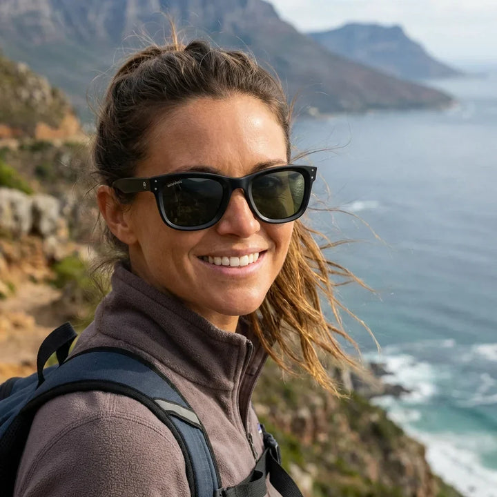 Women wearing lenses sun acacia reverse wood zebrawood polarized g15 women golden hour sunset coastal elegant bonoboss #editorial_banner #color_g15