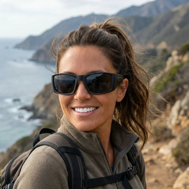 Women wearing lenses sun salmon seeker bio-acetate polarized dark outdoor aventura sendero trekking UV protection bonoboss #editorial_banner #color_dark