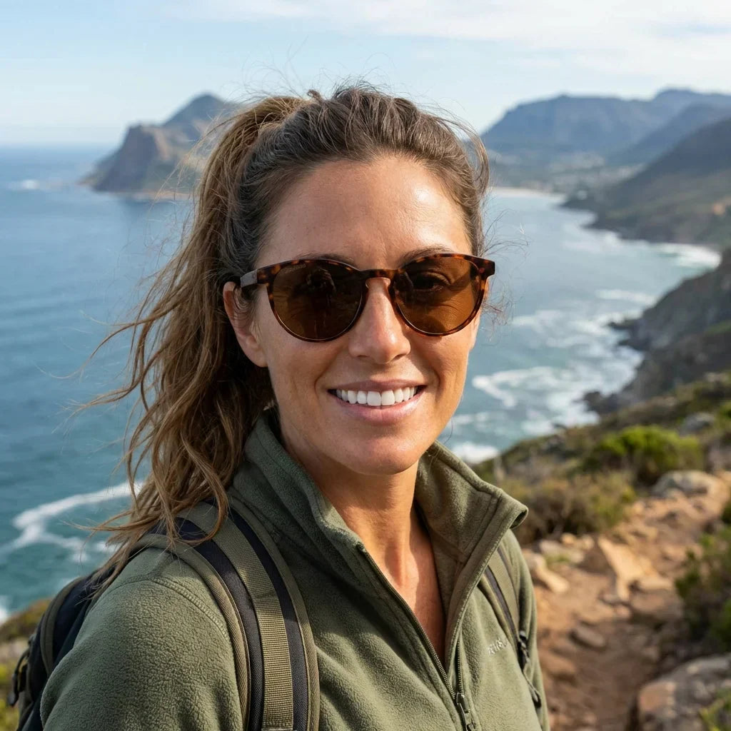 Mujer usando lentes sol Chiloe 220 Black polarizados carey aventura outdoor sendero naturaleza Bonoboss #editorial_sustentabilidad #color_carey