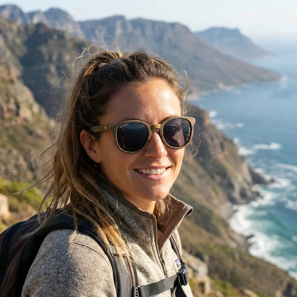 Mujer usando lentes sol Meli Ebony madera ebony polarizado polarizados Negro mujer aventura outdoor naturaleza sendero Bonoboss #editorial_sustentabilidad #color_negro
