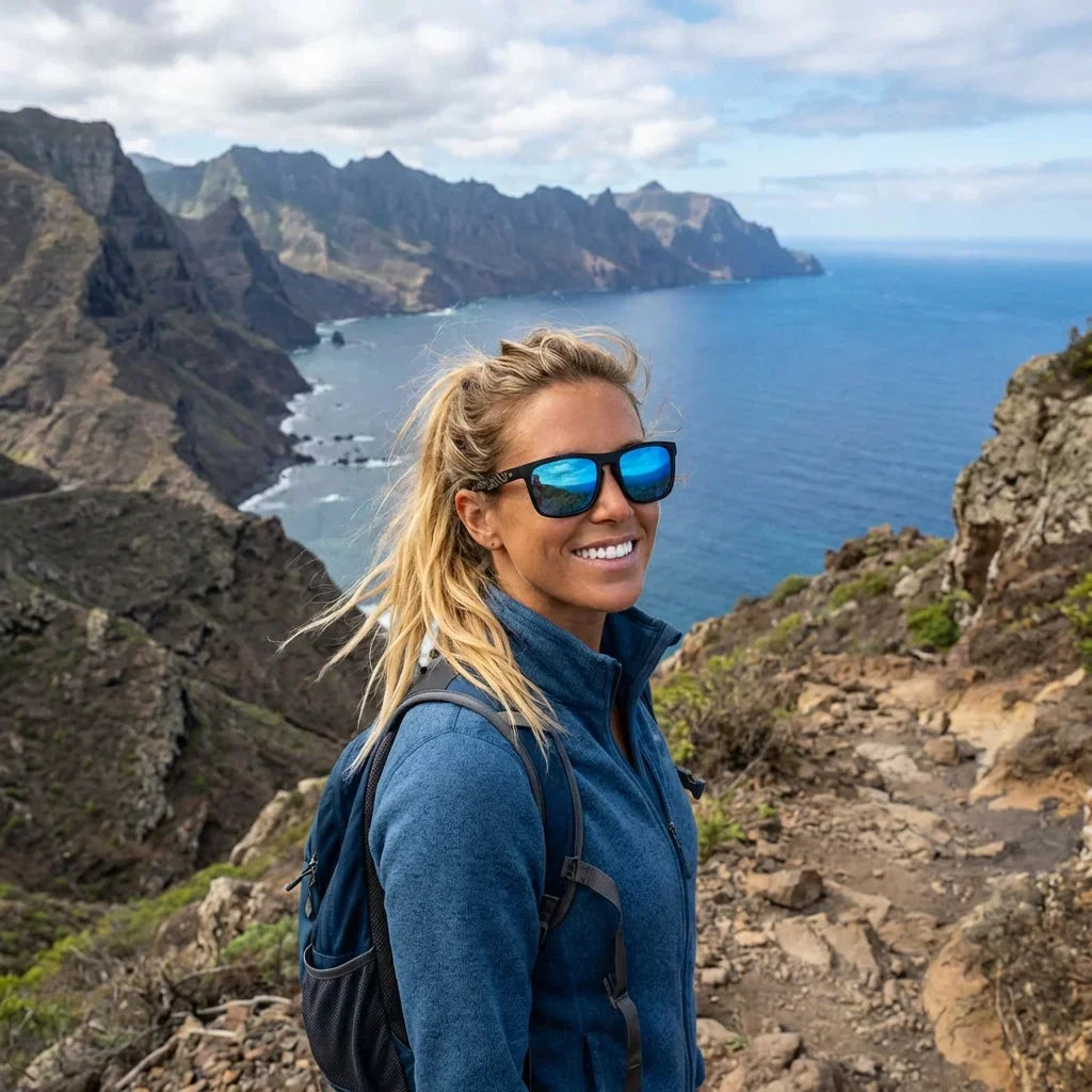 Mujer usando lentes sol Lautaro Dark Designer's madera polarizados waves-sky aventura outdoor sendero naturaleza sustentable Bonoboss #editorial_sustentabilidad #color_waves-sky
