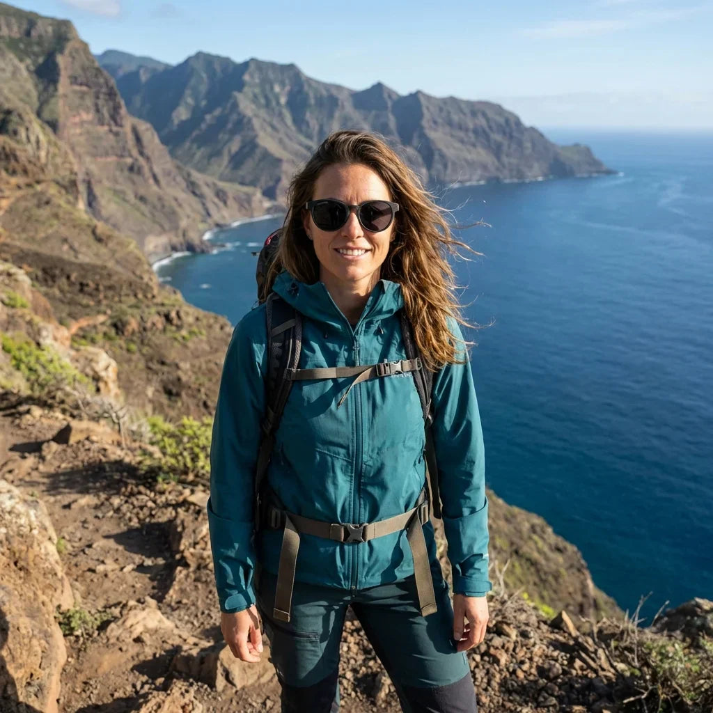 Women wearing lenses sun chiloe 110 wood polarized gray aventura outdoor sendero naturaleza bonoboss #editorial_sustentabilidad #color_gris