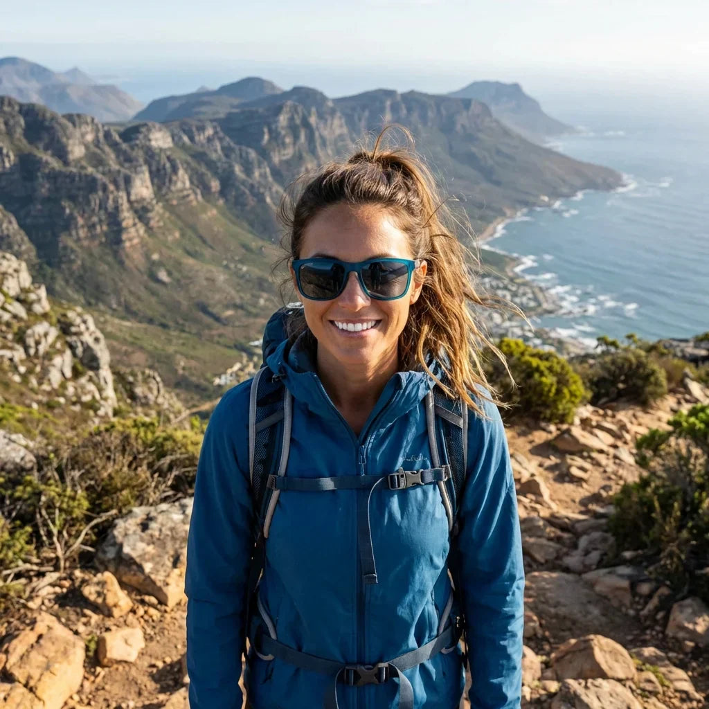 Mujer usando lentes sol Rapanui RPET reciclado polarizados light ocean aventura outdoor naturaleza sustentable Bonoboss #editorial_sustentabilidad #color_light-ocean