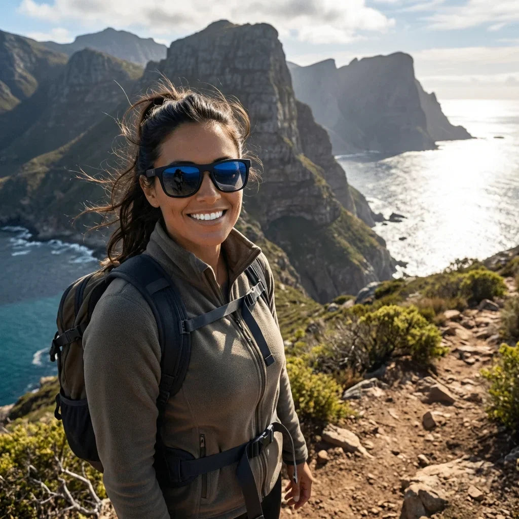 Mujer usando lentes sol Lautaro Dark acetato polarizados degrade azul aventura outdoor sendero naturaleza Bonoboss #editorial_sustentabilidad #color_degrade-azul