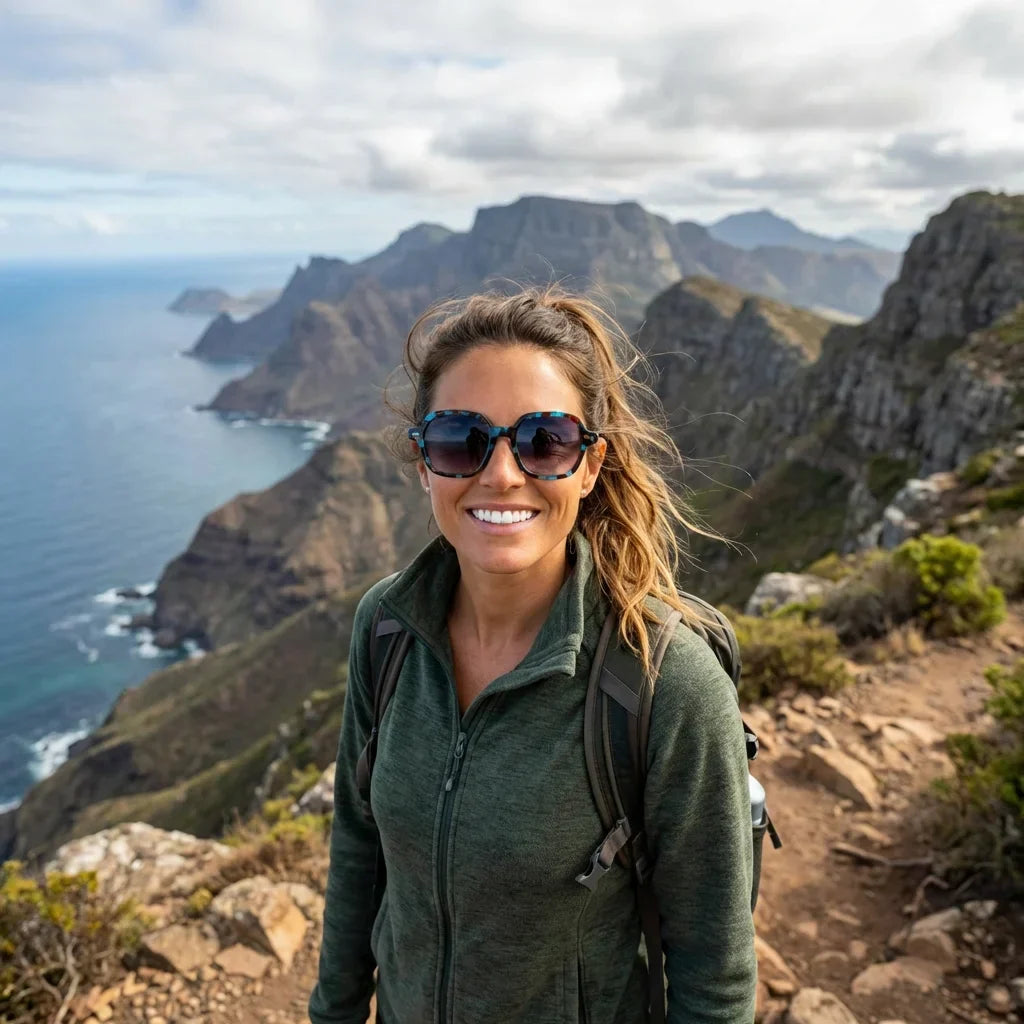 Women wearing lenses sun canarias bio-acetate polarized blue women outdoor adventure nature protection uv bonoboss #editorial_sustentabilidad #color_azul