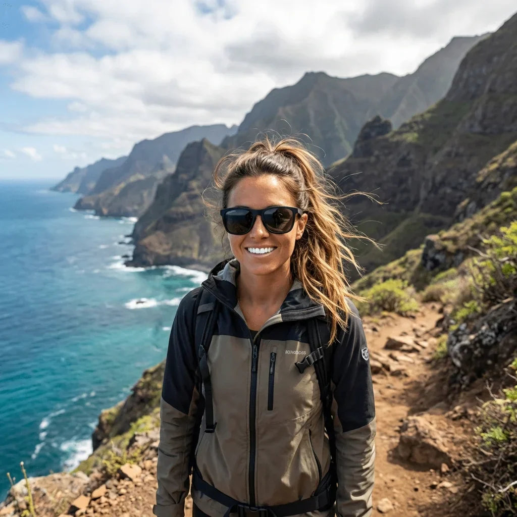 Mujer usando lentes sol Rapanui RPET reciclado polarizados dark aventura outdoor naturaleza sustentable eco-consciente Bonoboss #editorial_sustentabilidad #color_dark