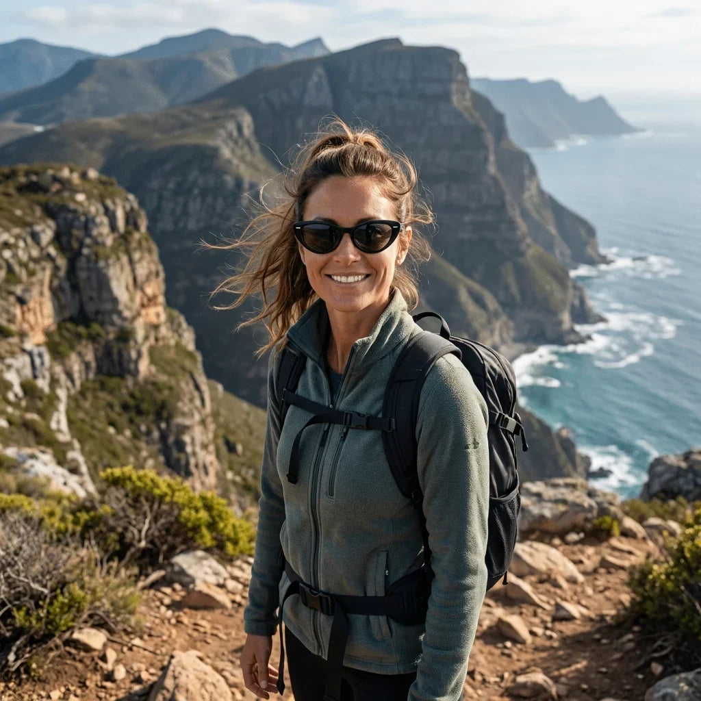 Women wearing lenses sun havana bio-acetate polarized black aventura outdoor naturaleza sendero UV protection bonoboss #editorial_sustentabilidad #color_negro