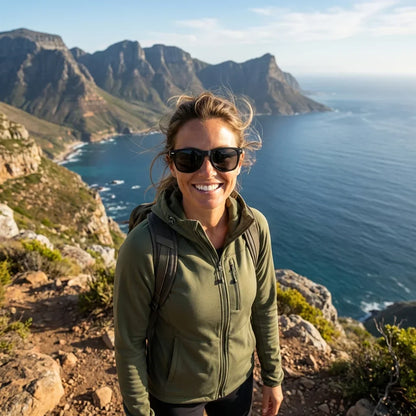 Mujer usando lentes sol Acacia XL Vintage Sol Polarizado polarizados negro aventura outdoor sendero naturaleza Bonoboss #editorial_sustentabilidad #color_negro