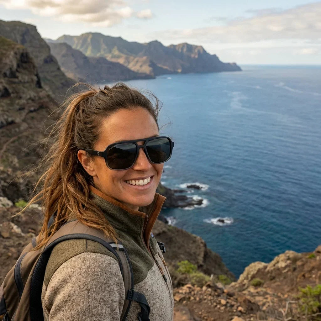 Mujer usando lentes sol Orson RPET reciclado polarizados dark aventura outdoor sendero naturaleza activa Bonoboss #editorial_sustentabilidad #color_black