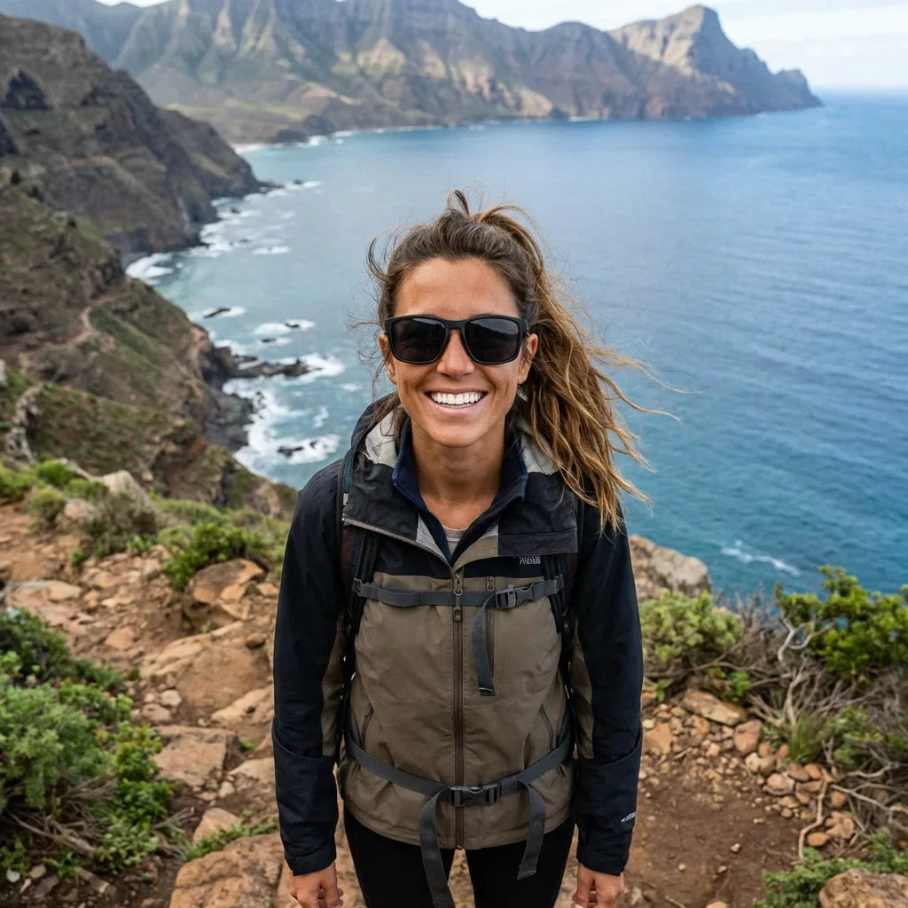 Mujer usando lentes sol Lautaro RPET RPET reciclado polarizados negro aventura outdoor sendero naturaleza Bonoboss #editorial_sustentabilidad #color_negro
