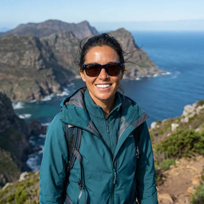 Mujer usando lentes sol Bruno bio-acetato polarizados Carey mujer aventura outdoor naturaleza proteccion UV Bonoboss #editorial_sustentabilidad #color_carey
