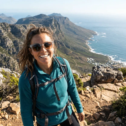 Mujer usando lentes sol Osorno RPET reciclado transparente aventura outdoor naturaleza eco-consciente Bonoboss #editorial_sustentabilidad #color_transparente