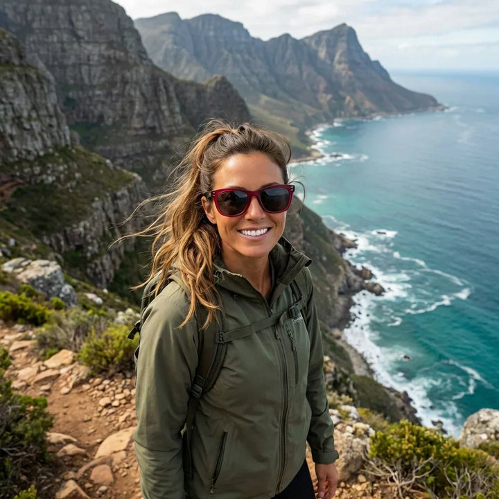 Women wearing lenses sun acacia reverse wood zebrawood polarized pink women outdoor adventure nature protection uv bonoboss #editorial_sustentabilidad #color_rosado