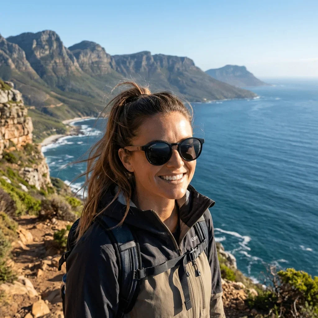 Women wearing lenses sun paine bio-acetate polarized black aventura outdoor sendero sustainable nature bonoboss #editorial_sustentabilidad #color_negro
