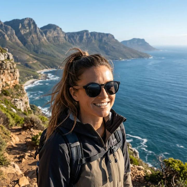 Women wearing lenses sun paine bio-acetate polarized black aventura outdoor sendero sustainable nature bonoboss #editorial_sustentabilidad #color_negro
