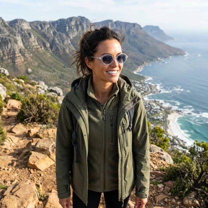 Mujer usando lentes sol Guapi Island bio-acetato polarizados transparente aventura outdoor naturaleza proteccion Bonoboss #editorial_sustentabilidad #color_transparente