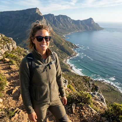 Mujer usando lentes sol Meli bio-acetato polarizados negro aventura outdoor naturaleza sendero proteccion UV Bonoboss #editorial_sustentabilidad #color_negro