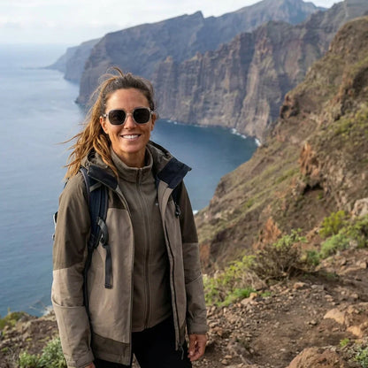 Mujer usando lentes sol Canarias bio-acetato polarizados Transparente mujer aventura outdoor naturaleza proteccion UV Bonoboss #editorial_sustentabilidad #color_transparente
