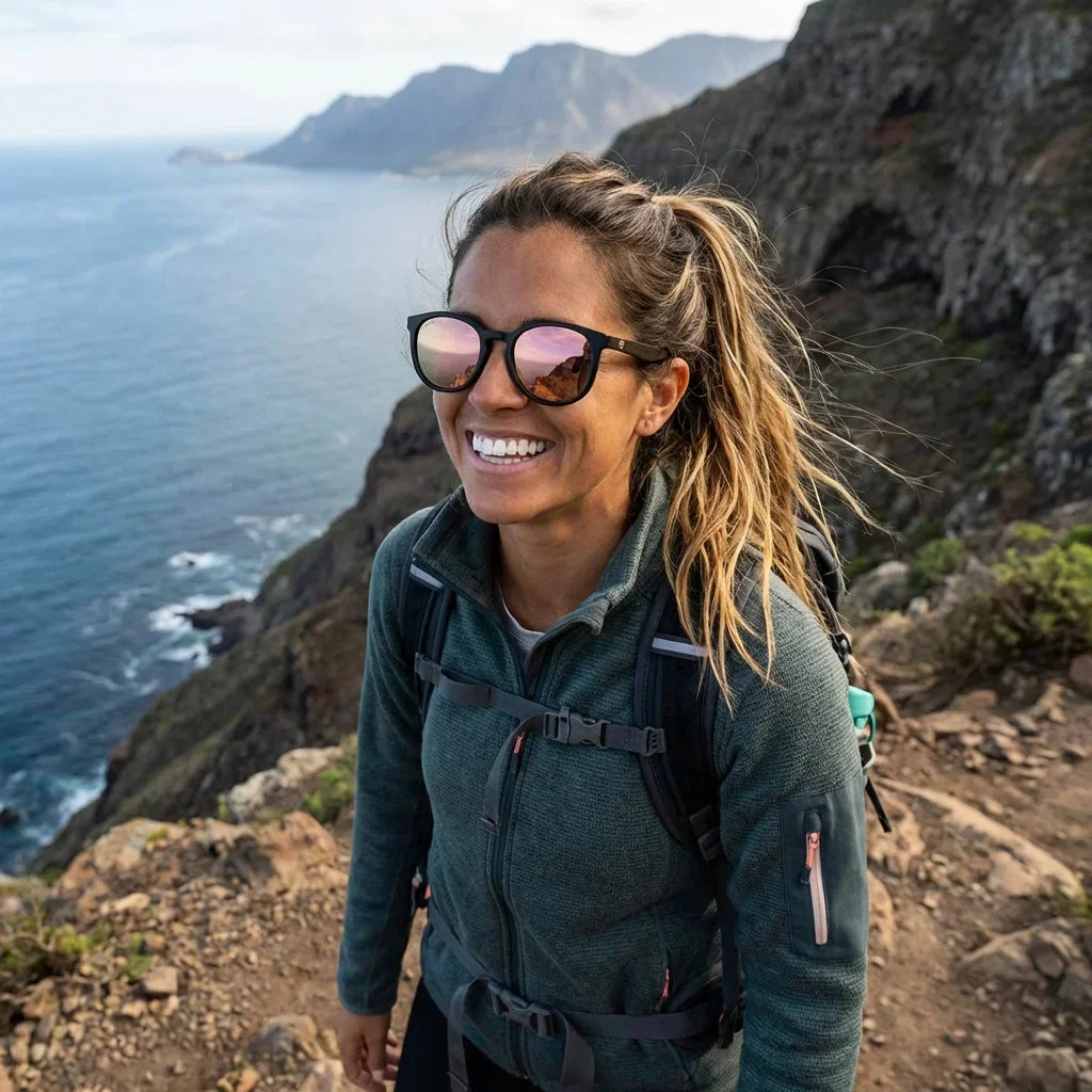 Mujer usando lentes sol Meli Dark bio-acetato polarizados Espejado Rosado mujer aventura outdoor sendero naturaleza activa Bonoboss #editorial_sustentabilidad #color_espejado-rosado