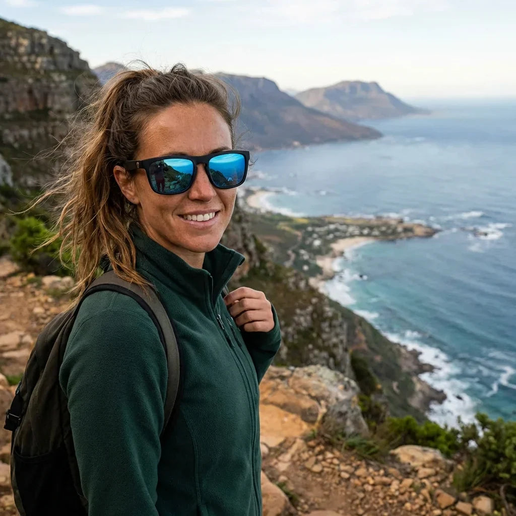 Mujer usando lentes sol Lautaro Dark acetato polarizados sky aventura outdoor sendero naturaleza Bonoboss #editorial_sustentabilidad #color_sky